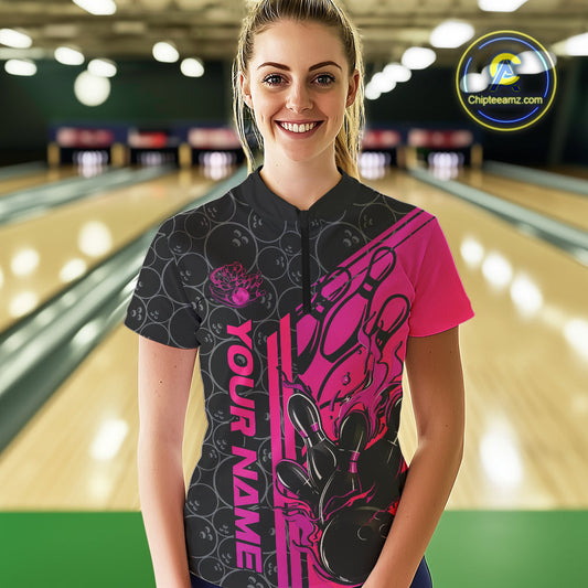 Custom Black And Pink Purple Flame Bowling Women Quarter-Zip Shirt, Bowling Pattern Shirt IPHW9272