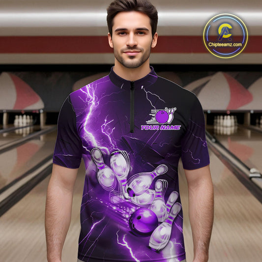 Custom Purple Thunder Lightning Bowling Quarter-Zip Shirts For Men, Bowling League Shirt IPHW9793