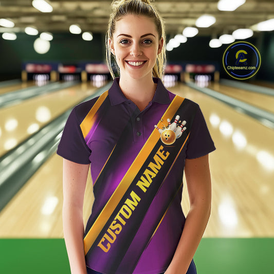 Custom Purple And Gold Bowling Tournament Shirts For Women With Names IPHW10648