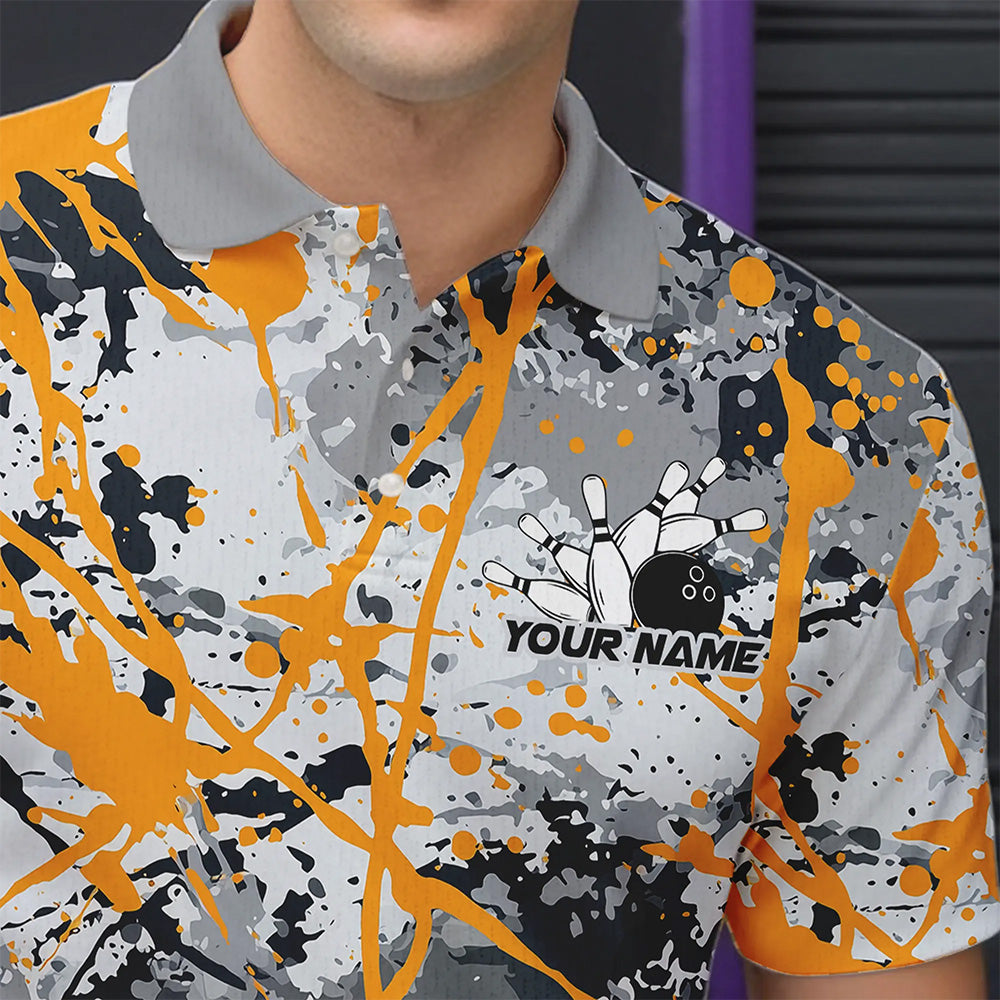 Custom Yellow Splatter Bowling Team Polo Shirts For Men, Bowling Tournament Shirts IPHW8308