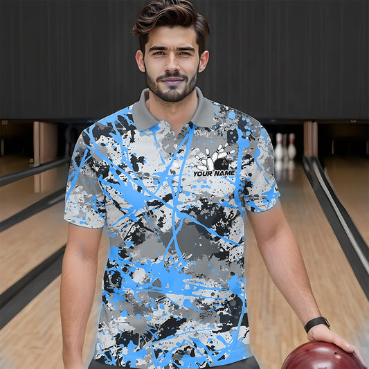 Custom Blue Splatter Bowling Team Polo Shirts For Men, Bowling Tournament Shirts IPHW8311