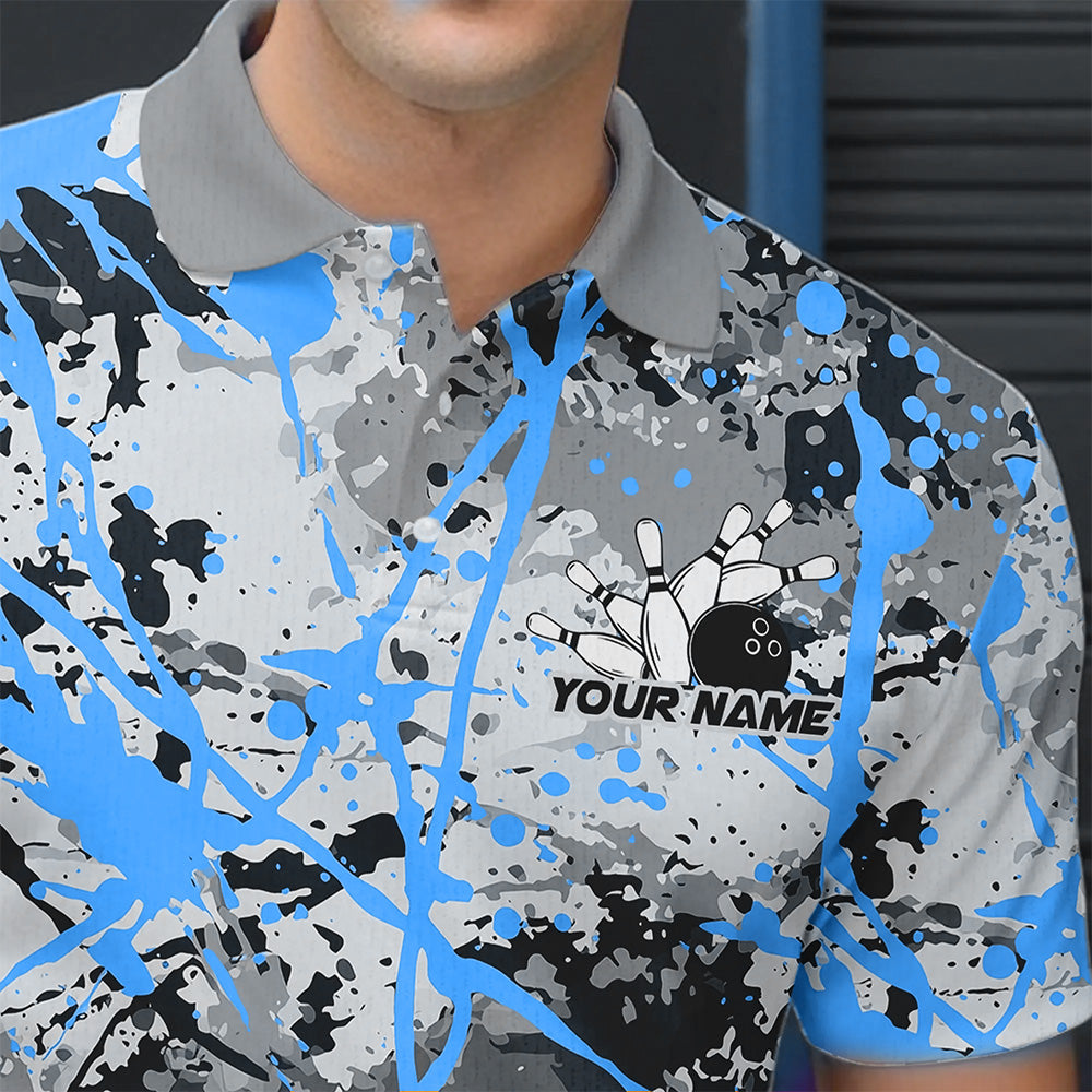 Custom Blue Splatter Bowling Team Polo Shirts For Men, Bowling Tournament Shirts IPHW8311