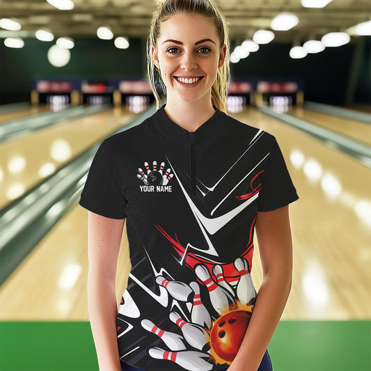 Custom Black And Red Flame Bowling Quarter-Zip Shirts For Women, Fire Bowling Team Uniform IPHW8316