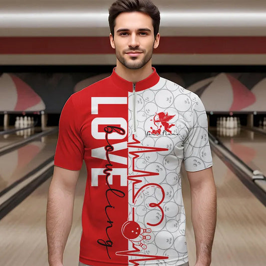 White And Red Custom Love Bowling Quarter-Zip Shirts For Men, Valentines Couple Bowling Jerseys IPHW8324