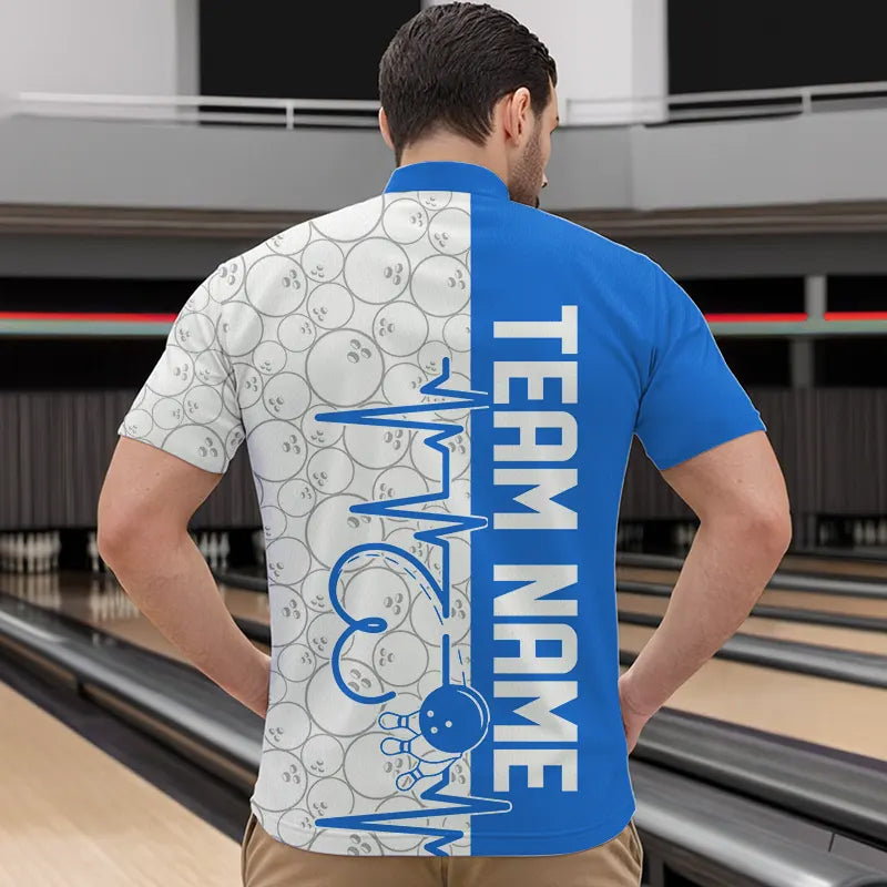 White And Blue Custom Love Bowling Quarter-Zip Shirts For Men, Valentines Couple Bowling Jerseys IPHW8326