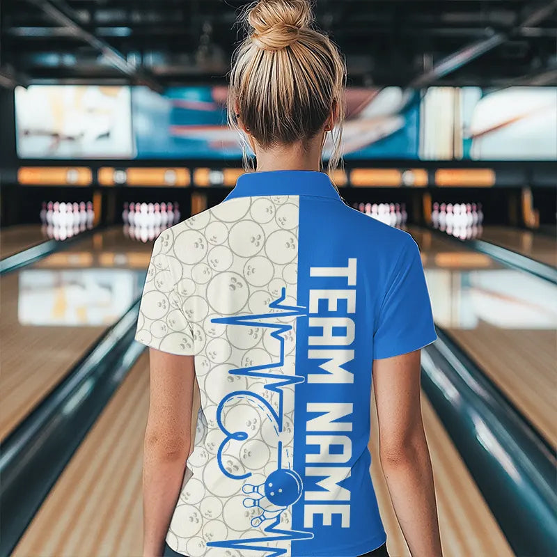 White And Blue Custom Love Bowling Quarter-Zip Shirts For Women, Valentines Bowling Jerseys IPHW8326