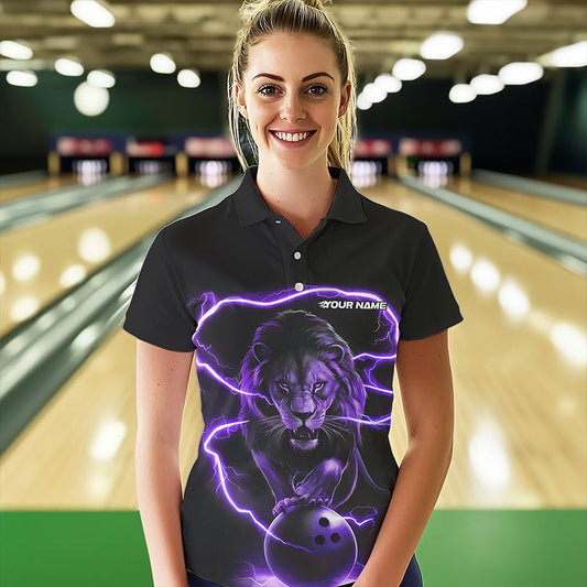 Custom Black And Purple Thunder Lightning Lion Bowling Polo Shirts For Women, Team Uniform IPHW8802