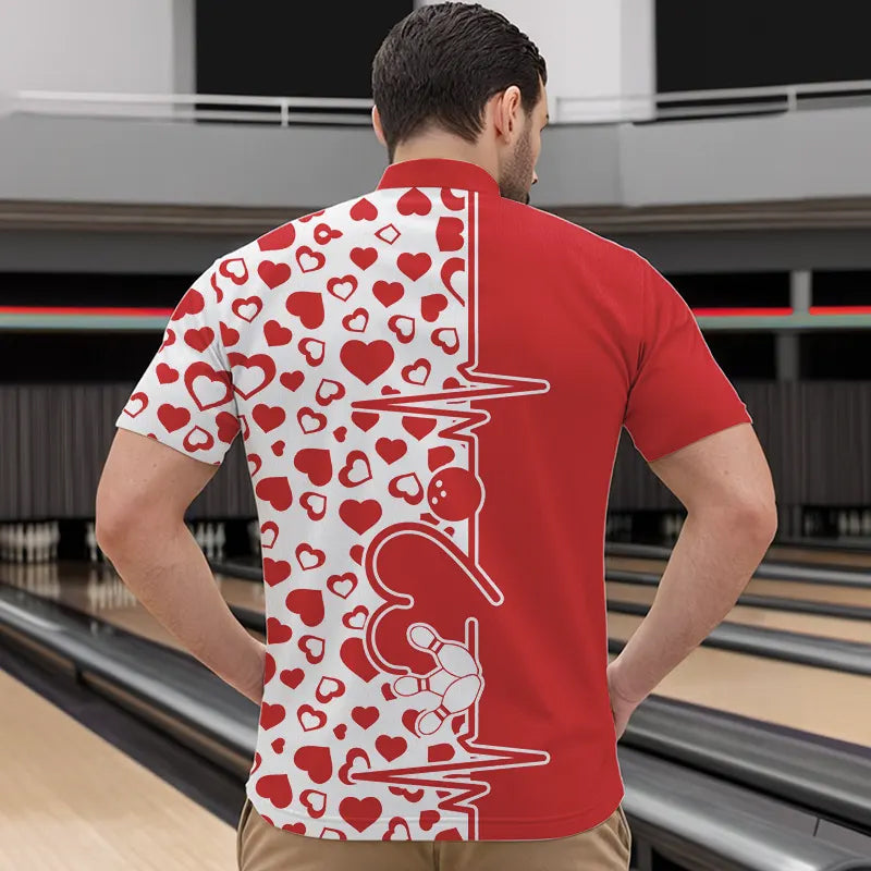 Red Bowling Heartbeat Pulse Line Custom Valentines Day Bowling Quarter-Zip Shirts For Men IPHW8331