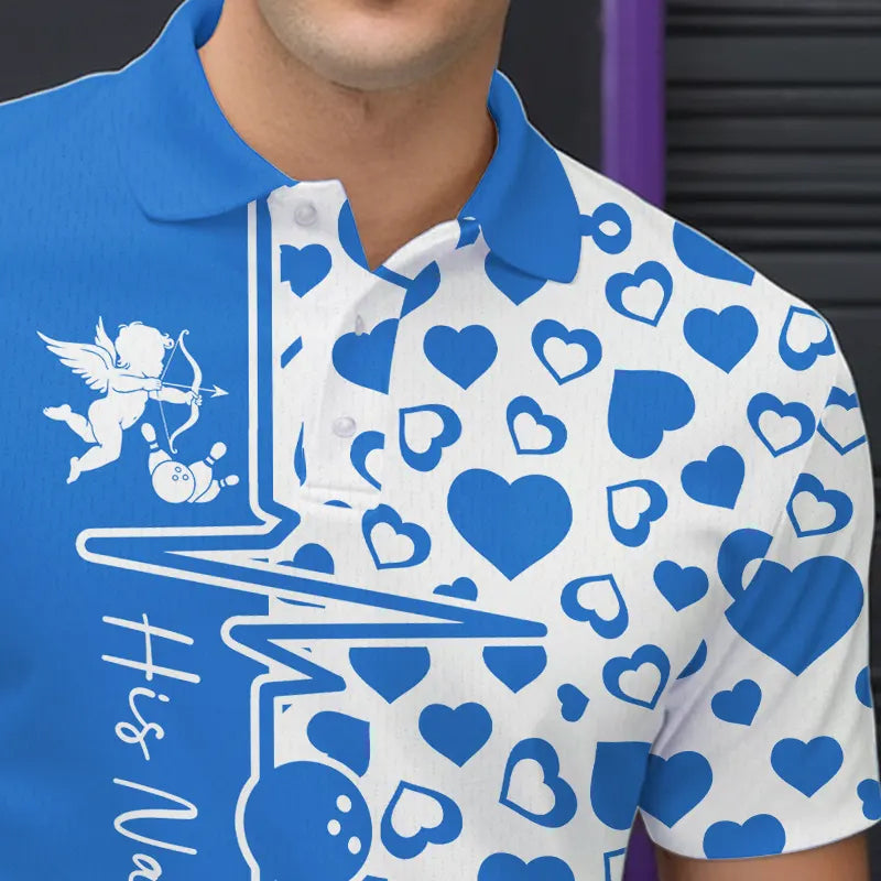Blue Bowling Heartbeat Pulse Line Custom Valentines Day Bowling Polo Shirts For Men IPHW8333