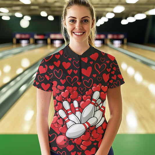 Black And Red Heart Custom Valentines Couple Bowling Quarter-Zip Shirt For Women IPHW8336