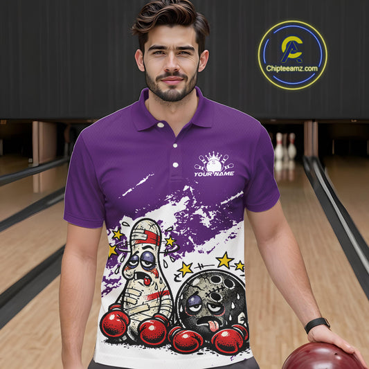 Male model in a bowling lane wearing a purple and white polo shirt, humorous boxing bowling strike artwork with energetic cartoon style.