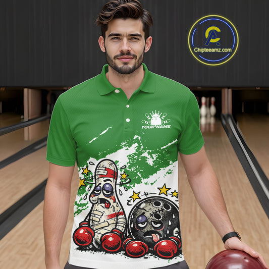 Male model in a bowling lane wearing a green and white polo shirt, humorous boxing bowling ball and pin artwork with playful fight-style design.