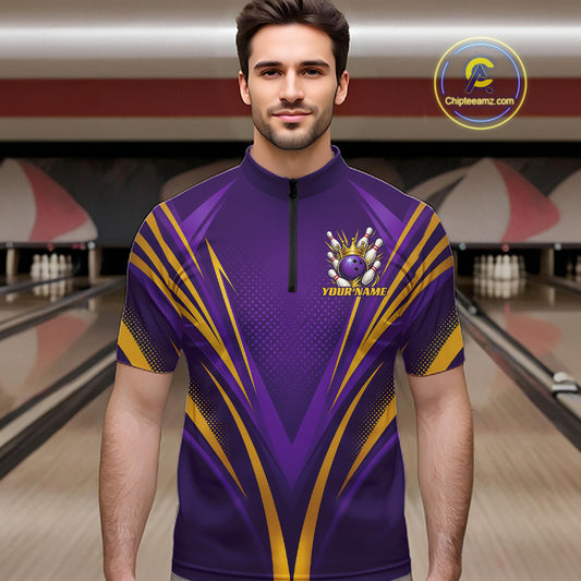 Custom Purple And Gold Crowned Bowling Ball Bowling King Bowling Team Men Quarter Zip Shirt IPHW11812