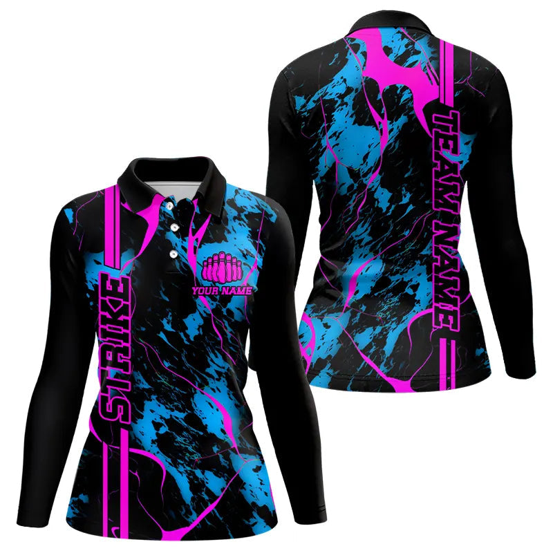 Custom Blue And Pink Strike Bowling Long Sleeve Polo Shirts For Women Bowling Team Jerseys IPHW5387