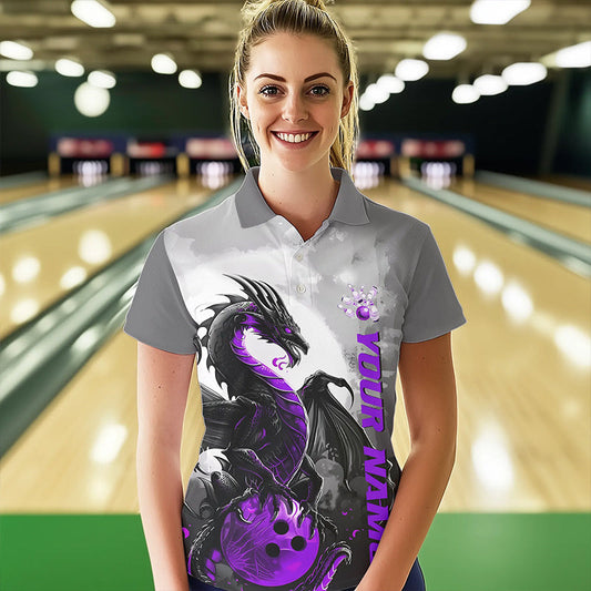 Black And Purple Custom Dragon Bowling Polo Shirts For Women, Dragon Bowling Team Shirts IPHW8817