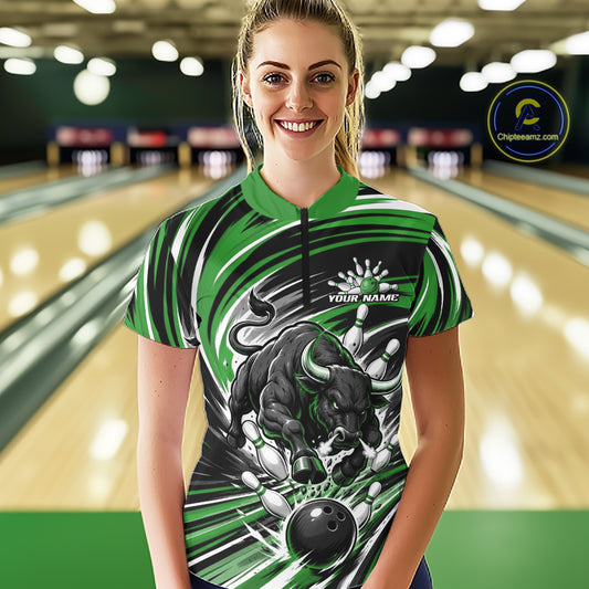 Custom Black And Green Angry Bull Bowling Jerseys, Bowling Team Women Quarter-Zip Shirt IPHW11821