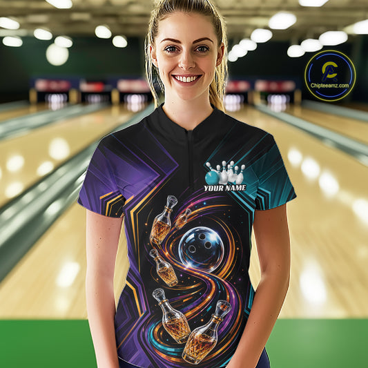 Custom Colorful Wine Bowling Women Quarter-Zip Shirts, Wine Lovers Bowling Team Jersey IPHW11830