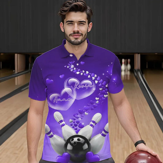 Purple Heart Theme Custom Valentines Bowling Polo Shirts For Men, Couple Bowling Shirt IPHW8346