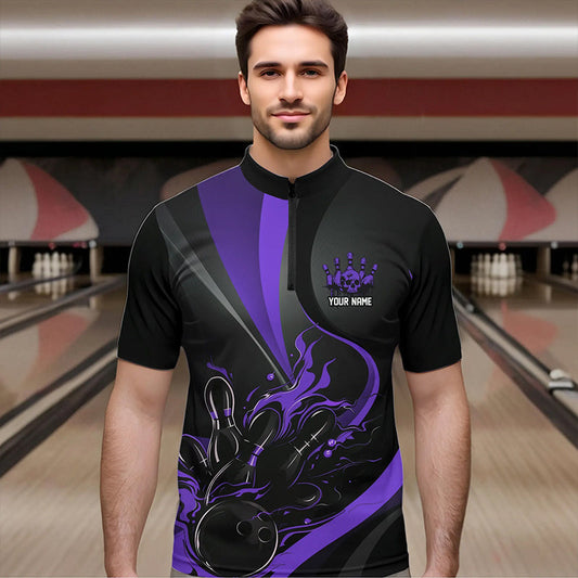 Custom Black And Purple Flame Bowling Quarter-Zip Shirts For Men, Fire Bowling Team Shirt IPHW8541
