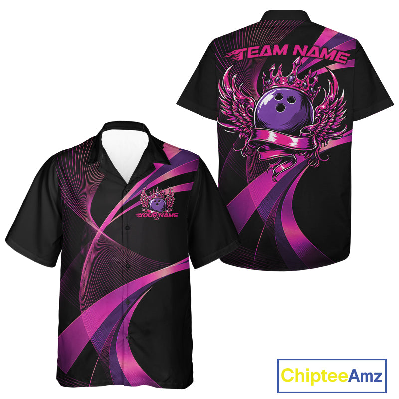 Black and purple bowling shirt with a bowling ball design on a white background, featuring 'Chiptee Amz' branding.
