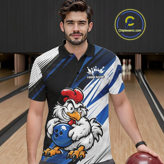Custom Funny Crazy Chicken Bowling Team Men Polo Shirt, Blue Chicken Bowling Jerseys IPHW11618