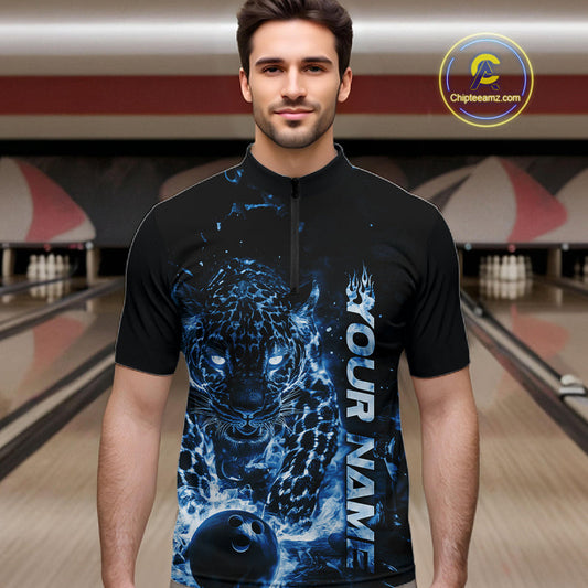 Custom Blue Flaming Leopard Men Bowling Shirts, Fire Bowling Team Shirt Bowler Uniform IPHW10714