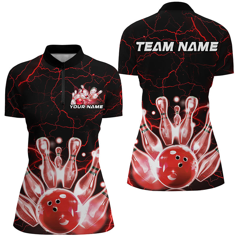 Black And Red Thunder Lightning Custom Bowling Polo Shirts For Women, Bowling League Shirts IPHW7122