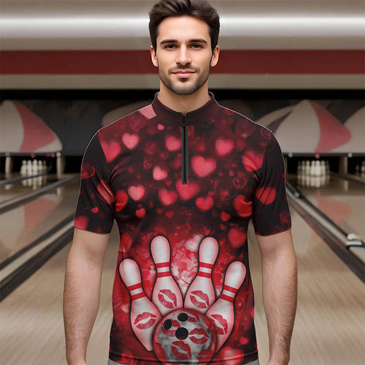 Black And Red Heart Custom Valentines Bowling Quarter-Zip Shirt For Men, Bowling Couple Outfit IPHW8364