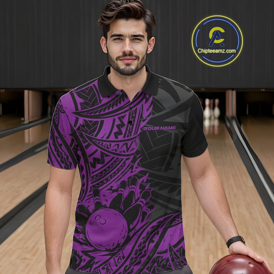 Custom Black And Purple Maori Style Koru Spiral Tribal Men Bowling Polo Team Shirt IPHW10959