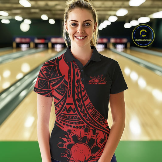 Custom Black And Red Maori Style Koru Spiral Tribal Women Bowling Polo Team Shirt IPHW10961