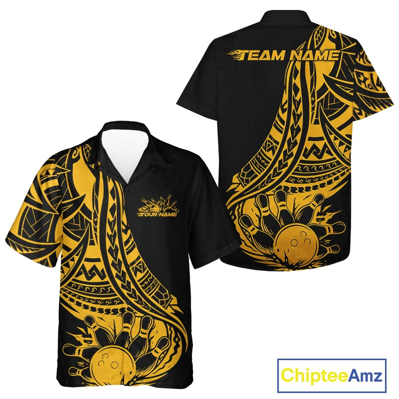 Custom Black And Yellow Maori Style Koru Spiral Tribal Men And Women Bowling Hawaiian Team Shirt IPHW10963