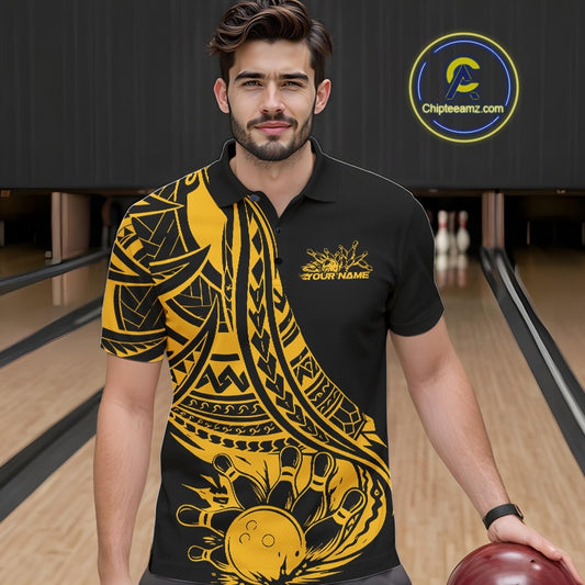 Custom Black And Yellow Maori Style Koru Spiral Tribal Men Bowling Polo Team Shirt IPHW10963