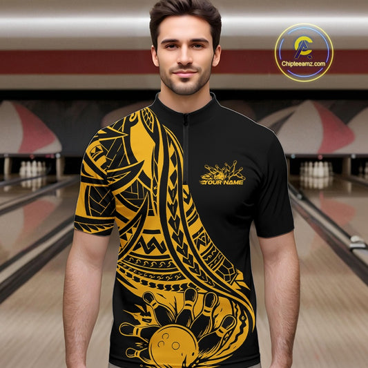 Custom Black And Yellow Maori Style Koru Spiral Tribal Men Bowling Quarter-Zip Team Shirt IPHW10963