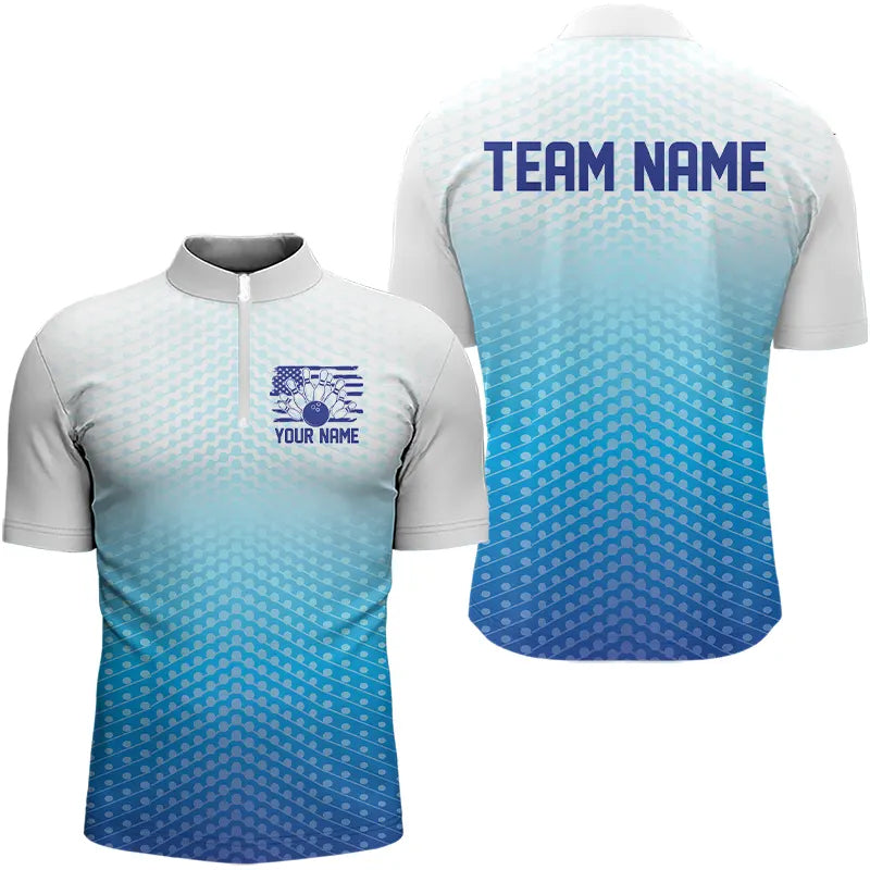 Custom Blue US Bowling Quarter-Zip Shirts For Men, Bowling Team Shirts, Bowling Jeyseys With Name IPHW8142