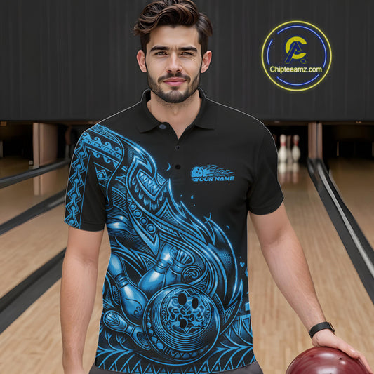 Male model wearing a black and blue bowling polo shirt at the lane with Polynesian-inspired flame bowling graphics.