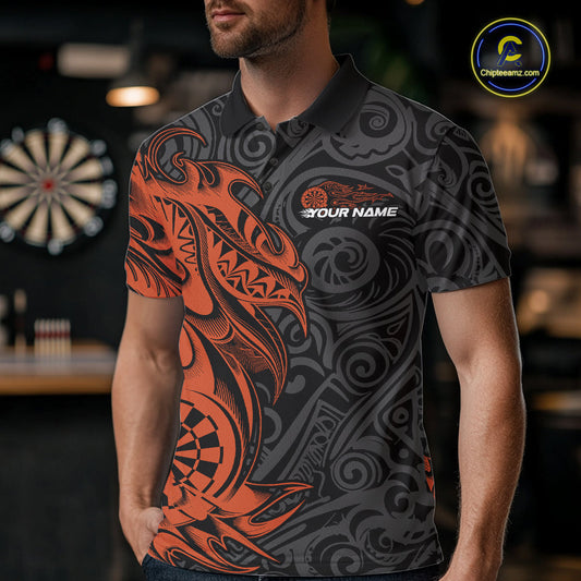 Custom Black And Orange Tribal Polynesian Dart Team Men Shirts, Niho Mano Dart Shirt IPHW10764