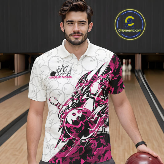 Male model wearing a white bowling polo shirt at the bowling lane with pink camo-inspired bowling graphics and subtle ball patterns.