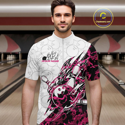 Male model wearing a white bowling quarter-zip shirt at the lane with pink camo-inspired bowling graphics and subtle bowling ball patterns.