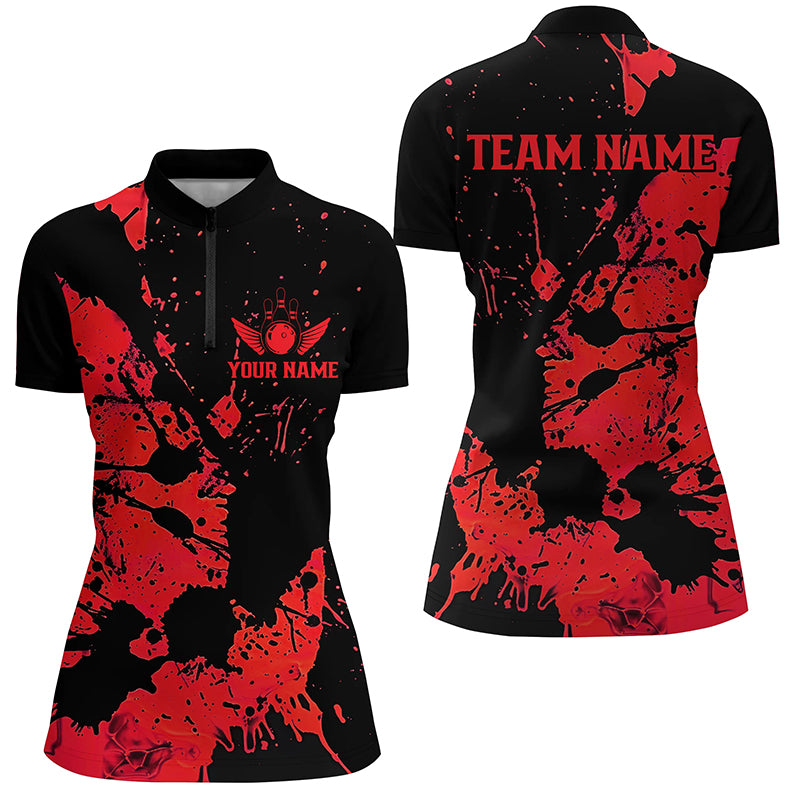 Custom Name Black And Red Bowling Team Shirts For Women, Bowling League Jerseys IPHW6434