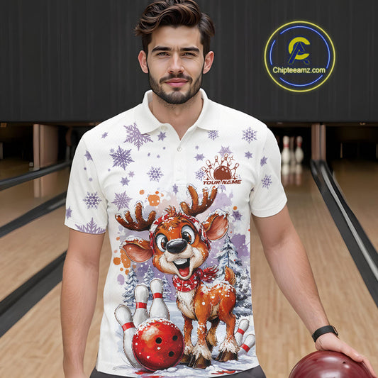Custom Cute Funny Reindeer Christmas Bowling Men Polo Shirts, Xmas Team Bowling Shirt IPHW10112