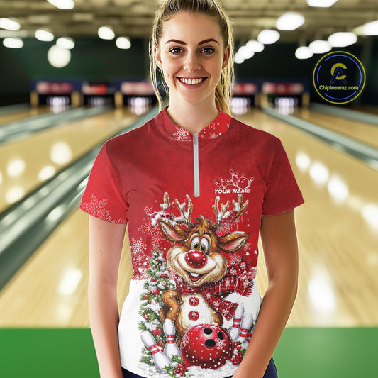 Custom Cute Funny Reindeer Christmas Bowling Women Quarter-Zip Shirt, Xmas Bowling IPHW10115