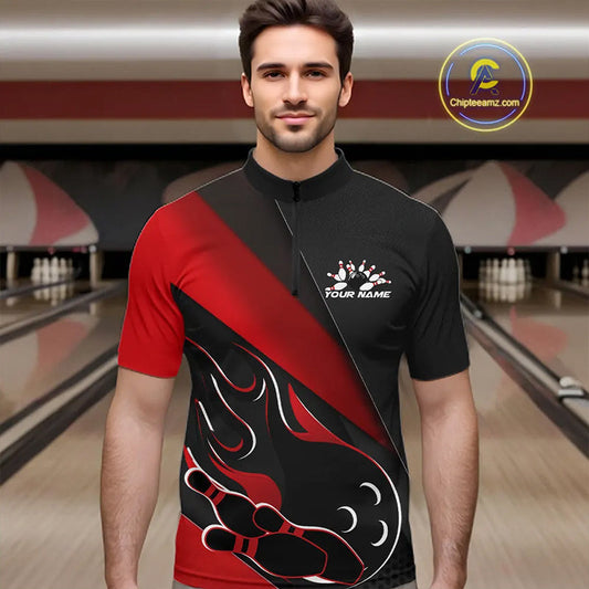 Custom Black And Red Flame Bowling Men Quarter-Zip Shirt, Team Bowling League Shirt IPHW10254
