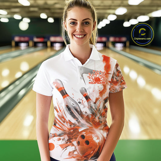 Custom Black And Orange Women Bowling Team Shirts, Bowling League Shirt Bowlers Outfit IPHW10785