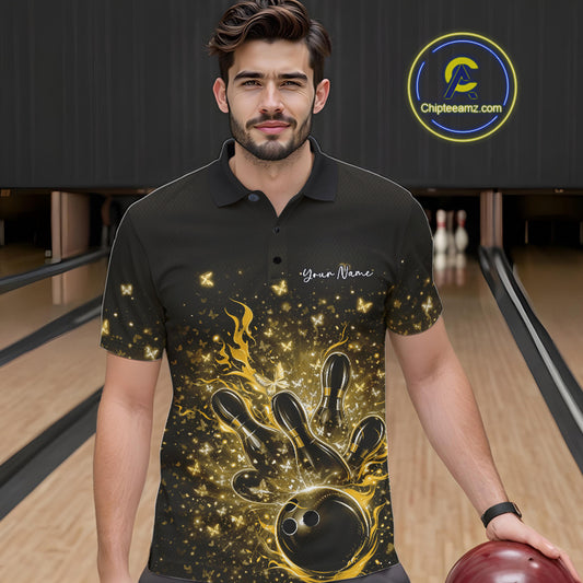 Male model in a black and yellow bowling polo shirt at the bowling lane with fiery bowling strike graphics.
