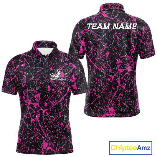 Custom black and pink paint splatter polo shirt mockup shown from front and back, featuring personalized “Your Name†text on the chest, large “TEAM NAME†lettering across the back