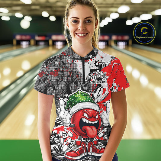 Custom Funny Christmas Bowling Women Quarter-Zip Shirts, Crazy Bowling Ball Xmas Outfit IPHW10129