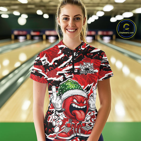 Custom Funny Christmas Bowling Women Quarter-Zip Shirts, Crazy Bowling Ball Xmas Outfit IPHW10131