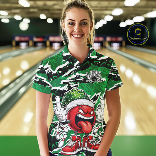 Custom Funny Christmas Bowling Women Polo Shirts, Crazy Bowling Ball Xmas Outfit IPHW10132