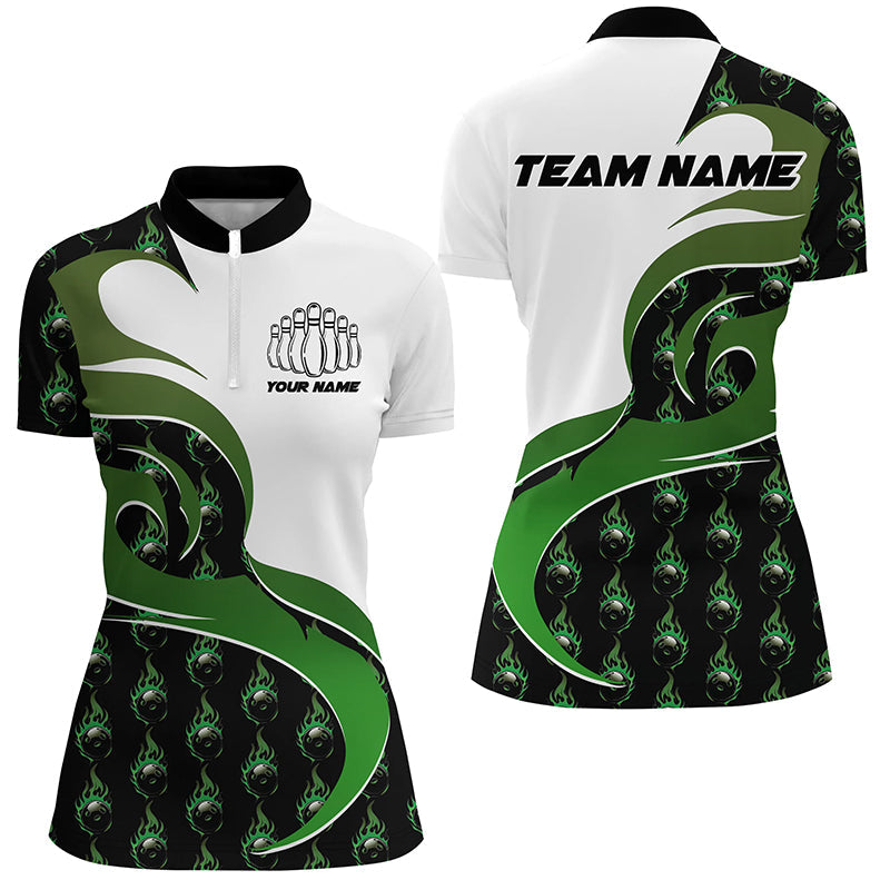 Customized Green Flame Bowling Polo Shirts For Women, Bowling Team Shirts Outfit Bowling IPHW6973