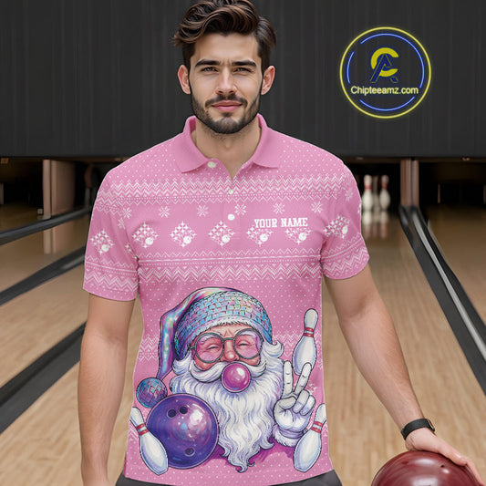 Custom Funny Santa Christmas Men Bowling Polo Shirts, Pink Xmas Bowling Team Outfit IPHW10140